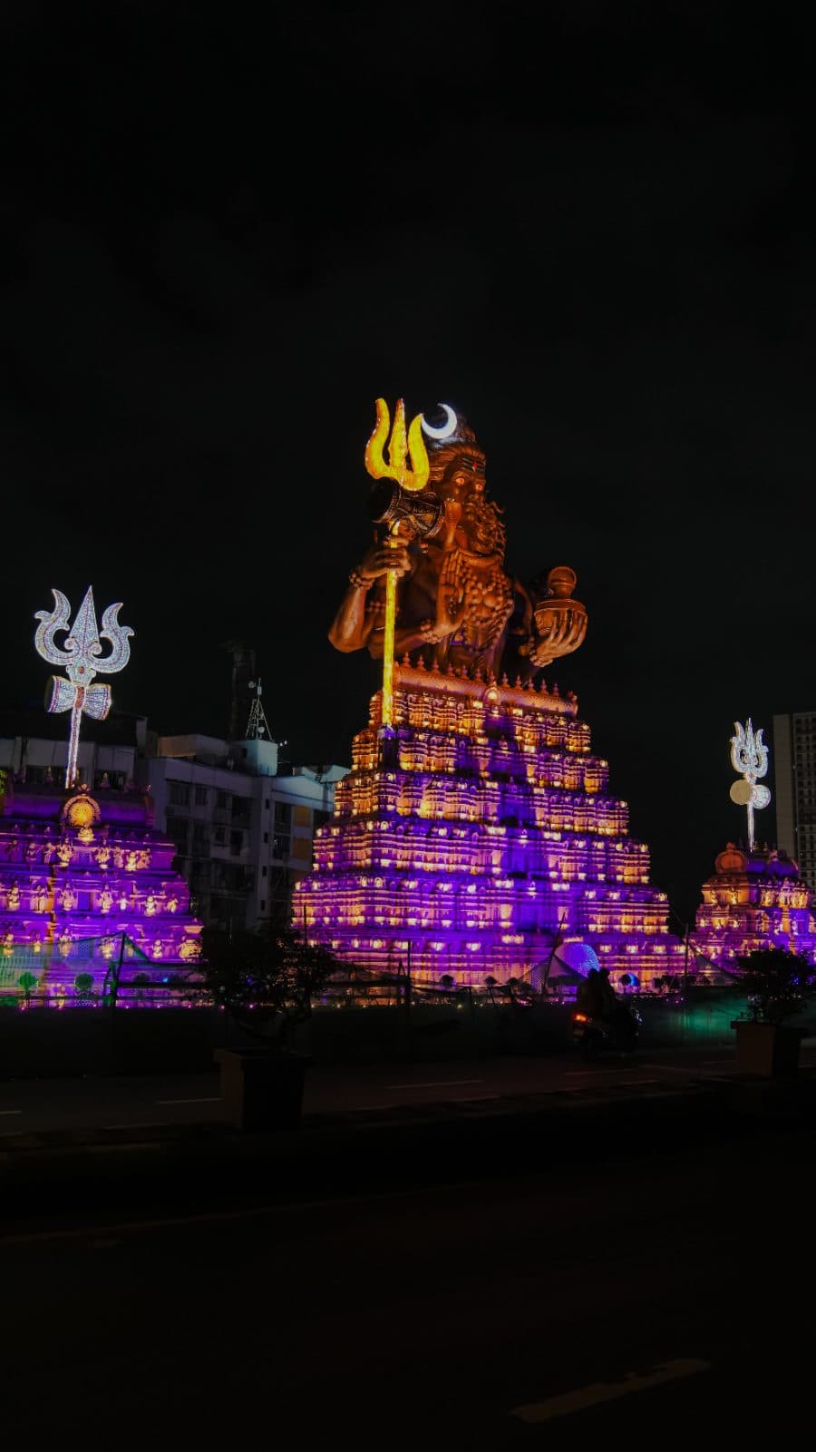 Distant night view of the Shiva temple installation