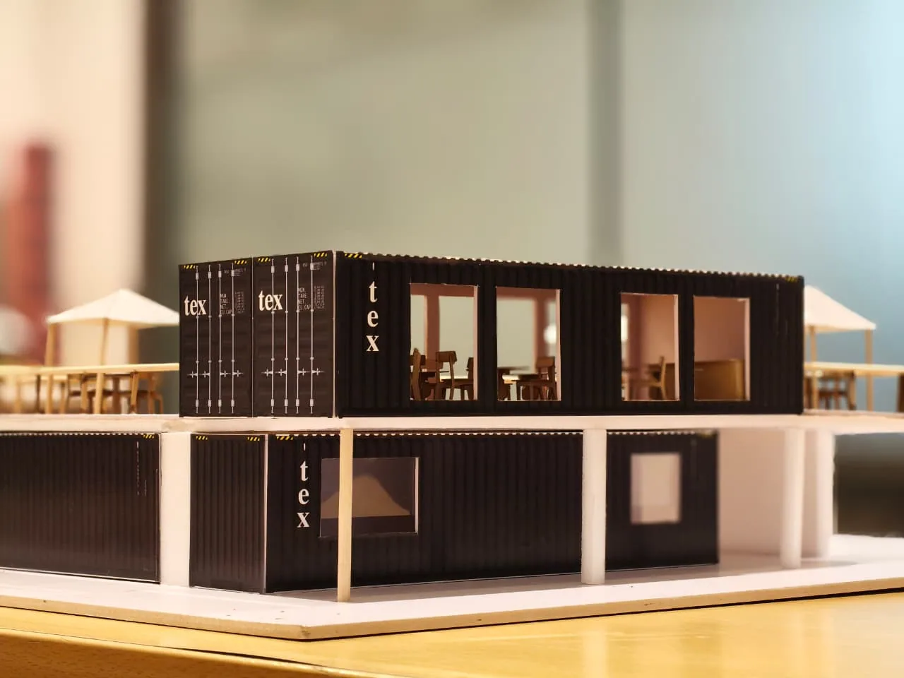 Physical facade model study for the Container Cafe