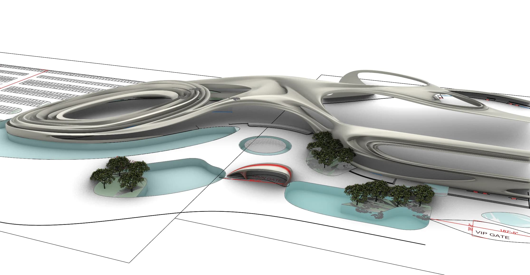 Concept visualisation showing the convention centre's sculptural connected forms