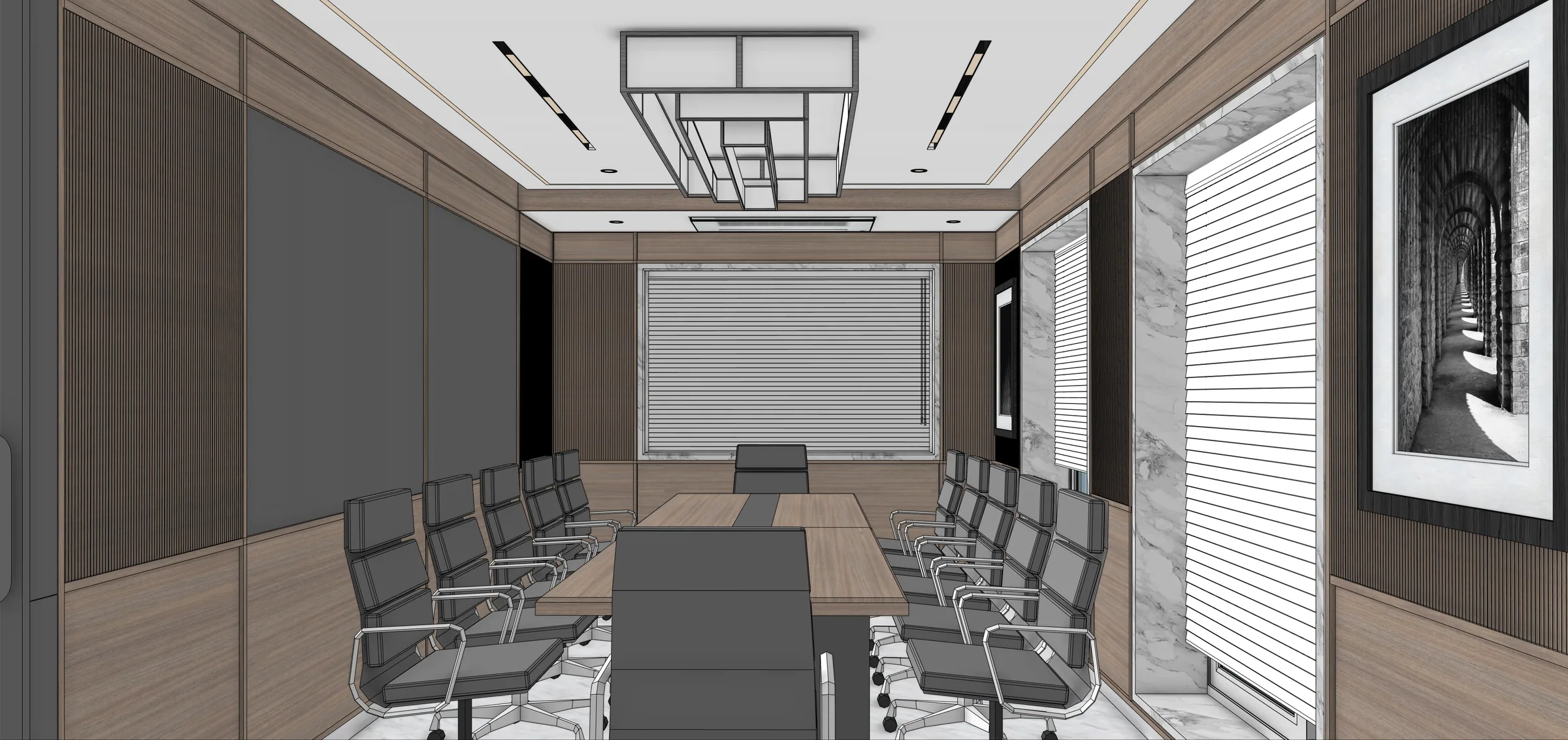 Angled interior design visualisation of the boardroom table and timber wall