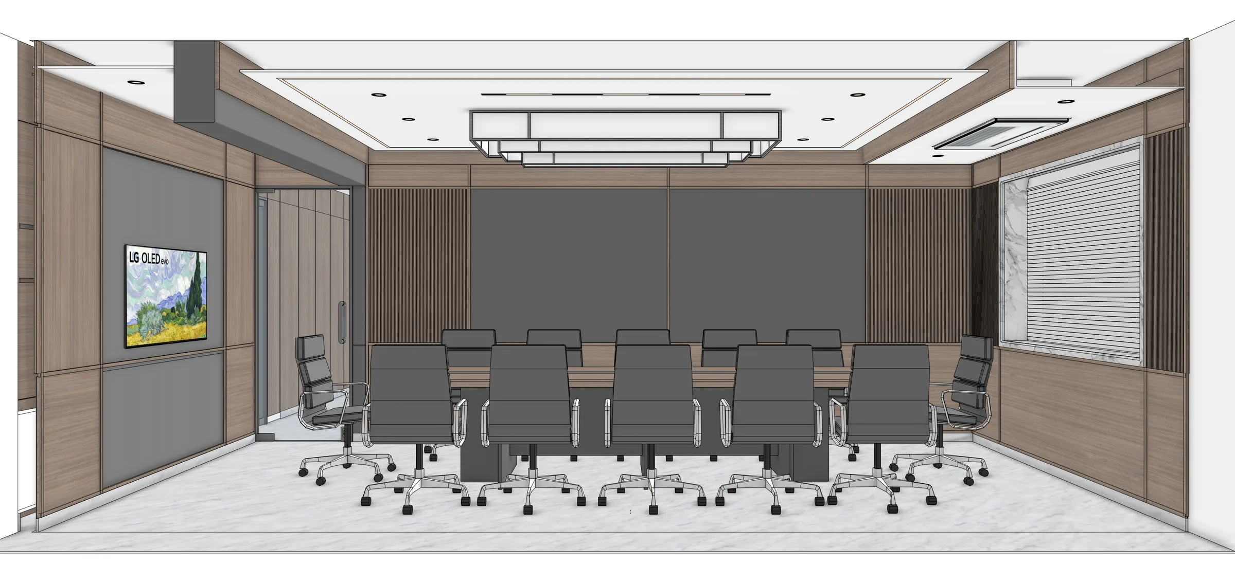 Interior design visualisation showing the boardroom's dark feature wall
