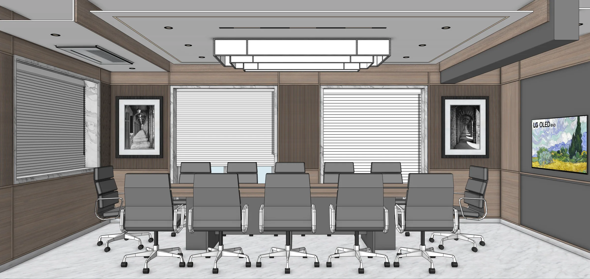 Wide interior design visualisation of the law firm boardroom