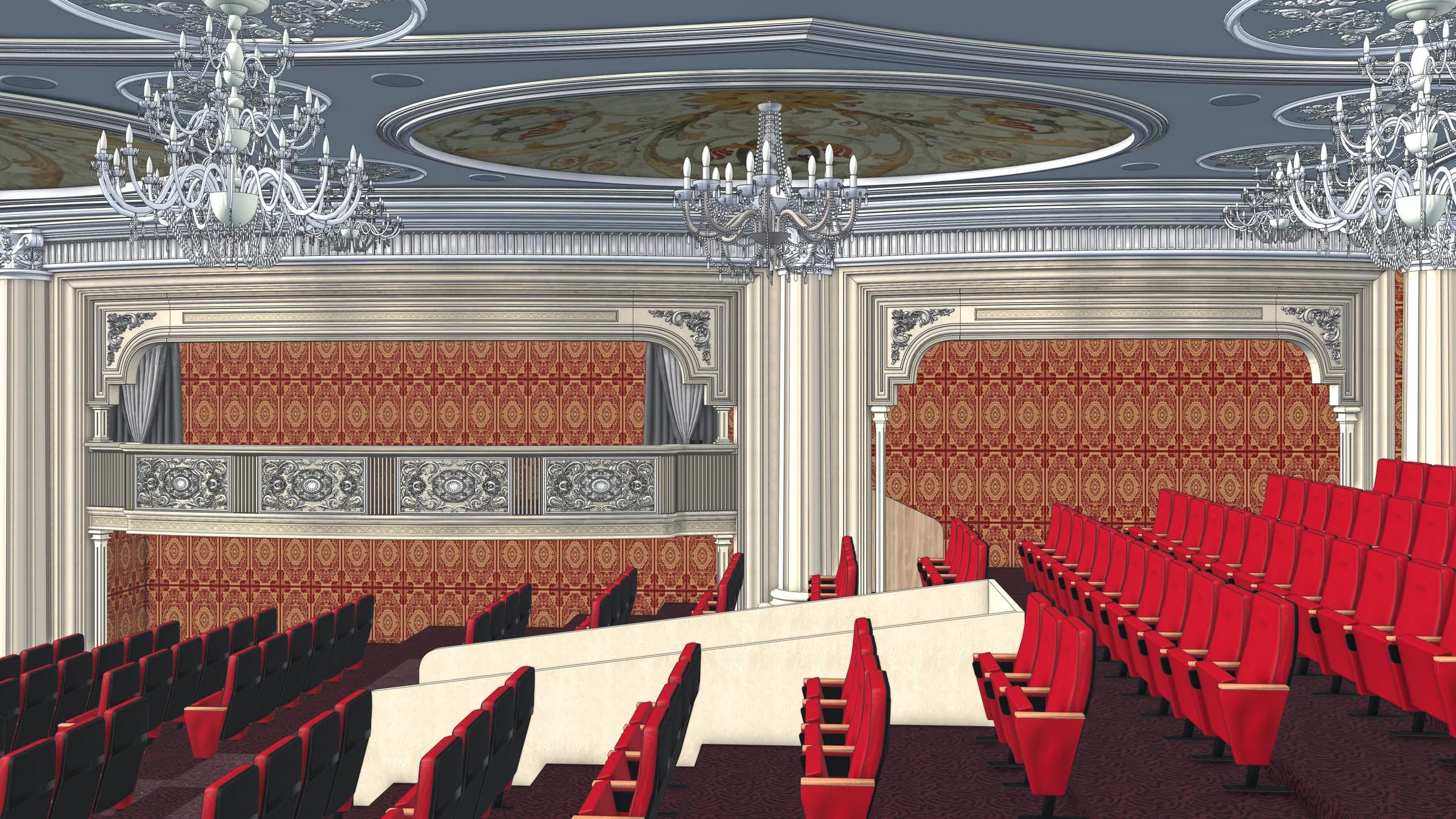 Interior design visualisation showing the auditorium balcony and seating