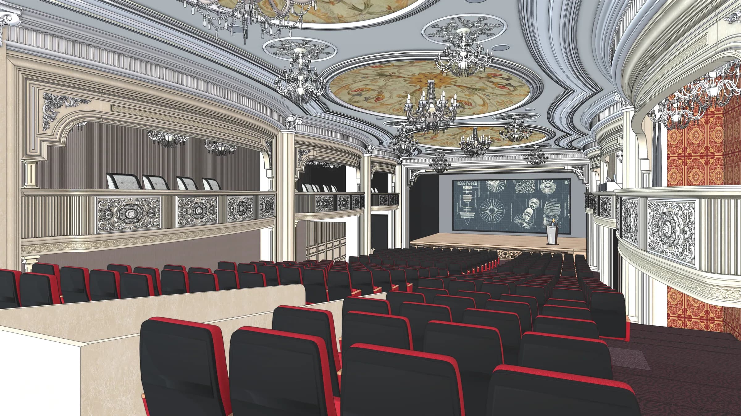 Wide auditorium interior design visualisation showing the balcony, stage and seating