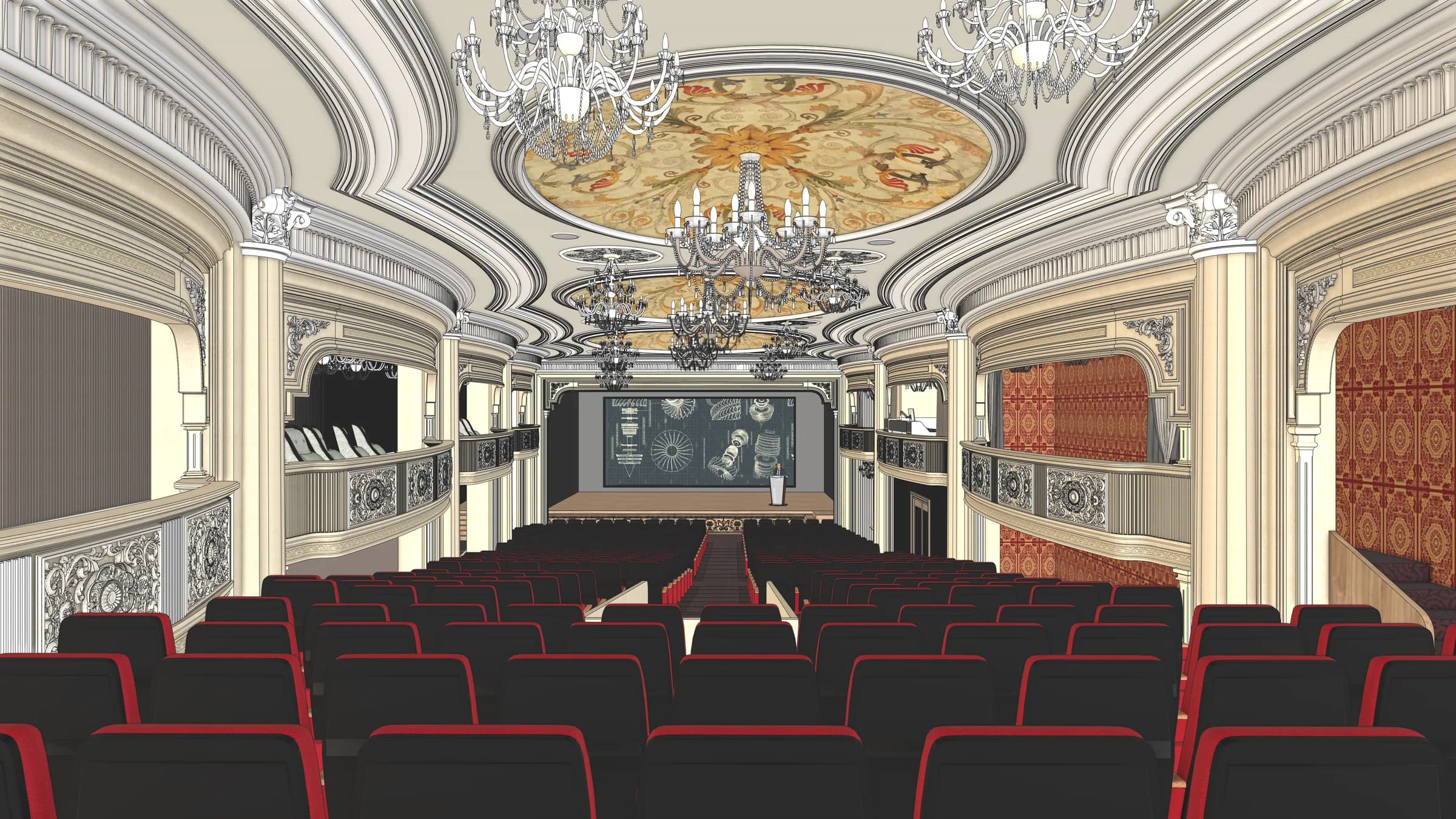 Interior design visualisation from the auditorium audience seating