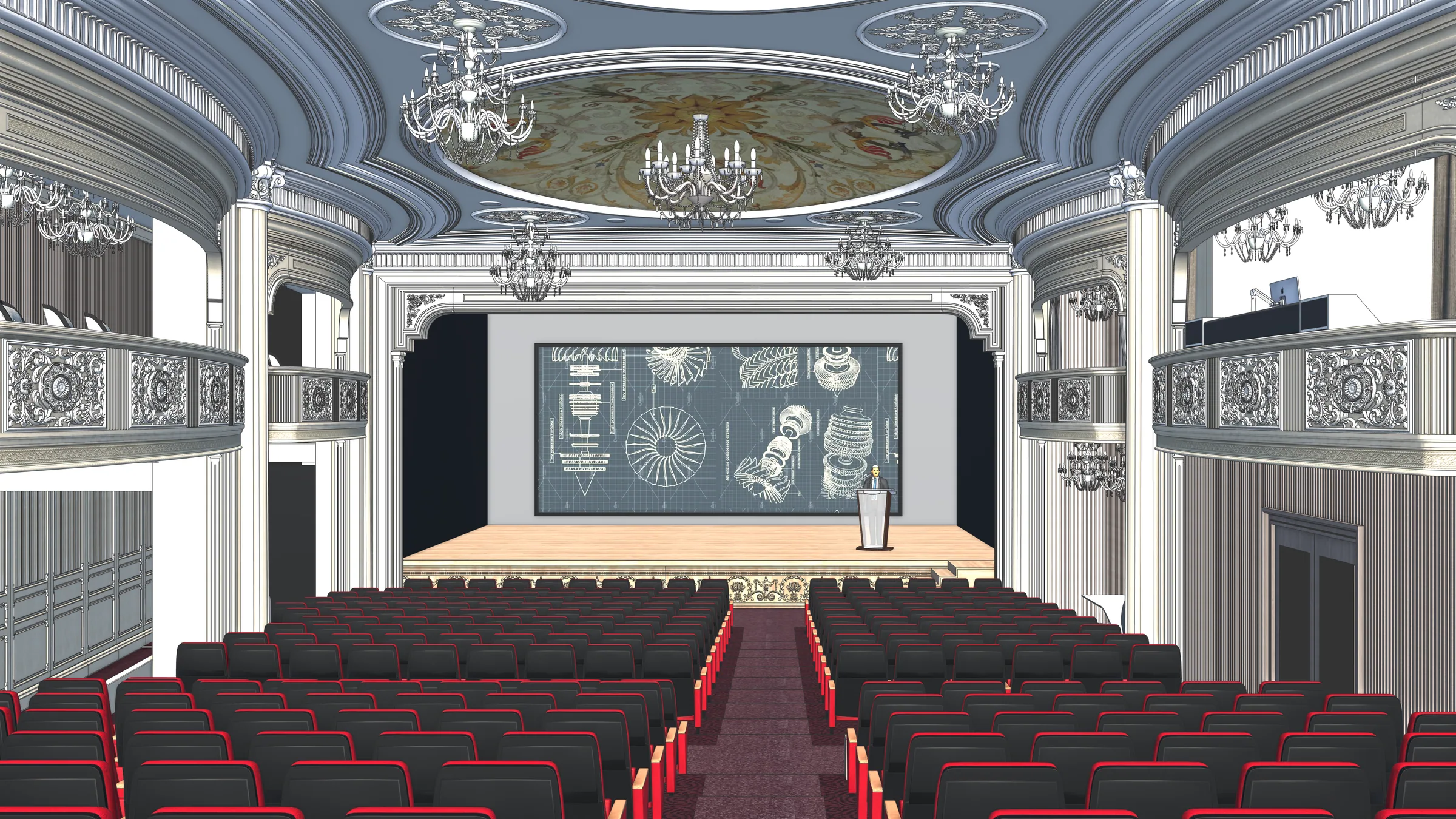 Interior design visualisation facing the auditorium stage