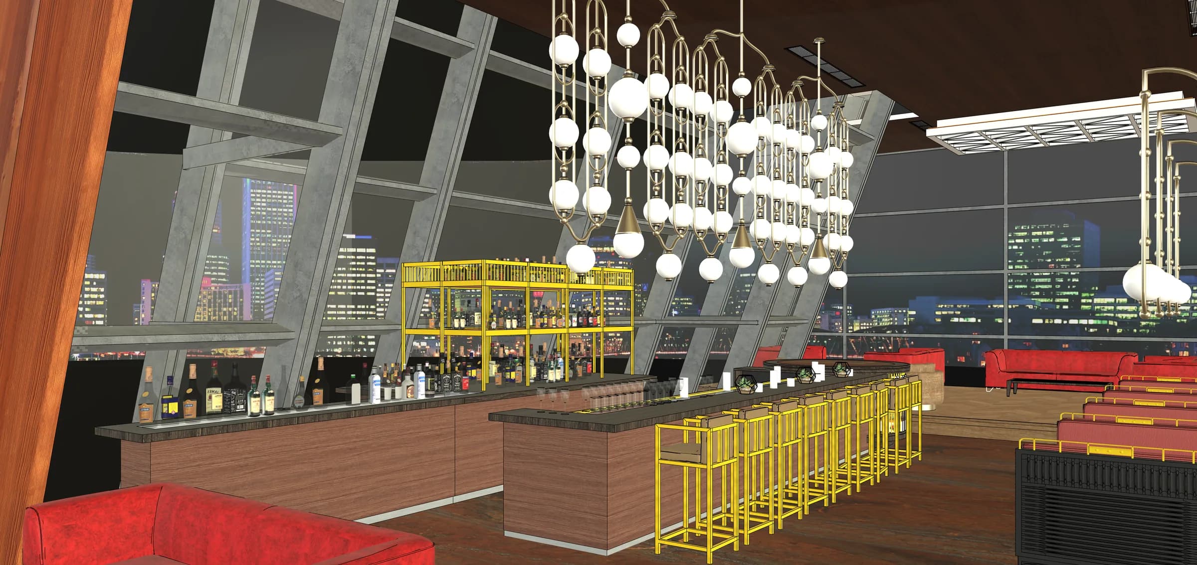 Wide concept visualisation of the Z Bar counter and seating